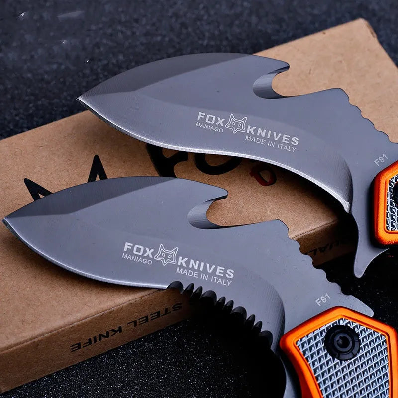 Orange steel handle folding knife with 8.2cm 5CR15MOV blade for camping and tactical use