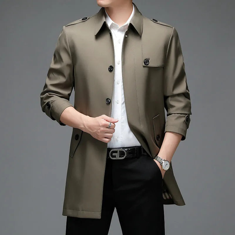 Men's mid-length lapel trench coat in khaki, 65cm length, chemical fibre blend, side view