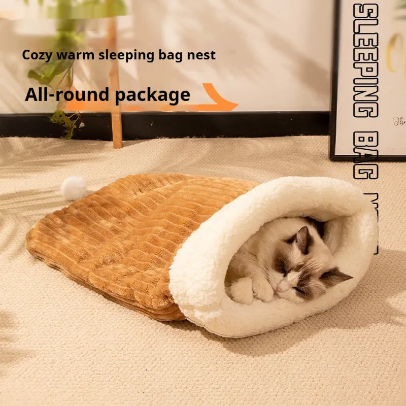Cat sleeping bag nest with flannel lining in blue rabbit pattern, dimensions 50x40 cm
