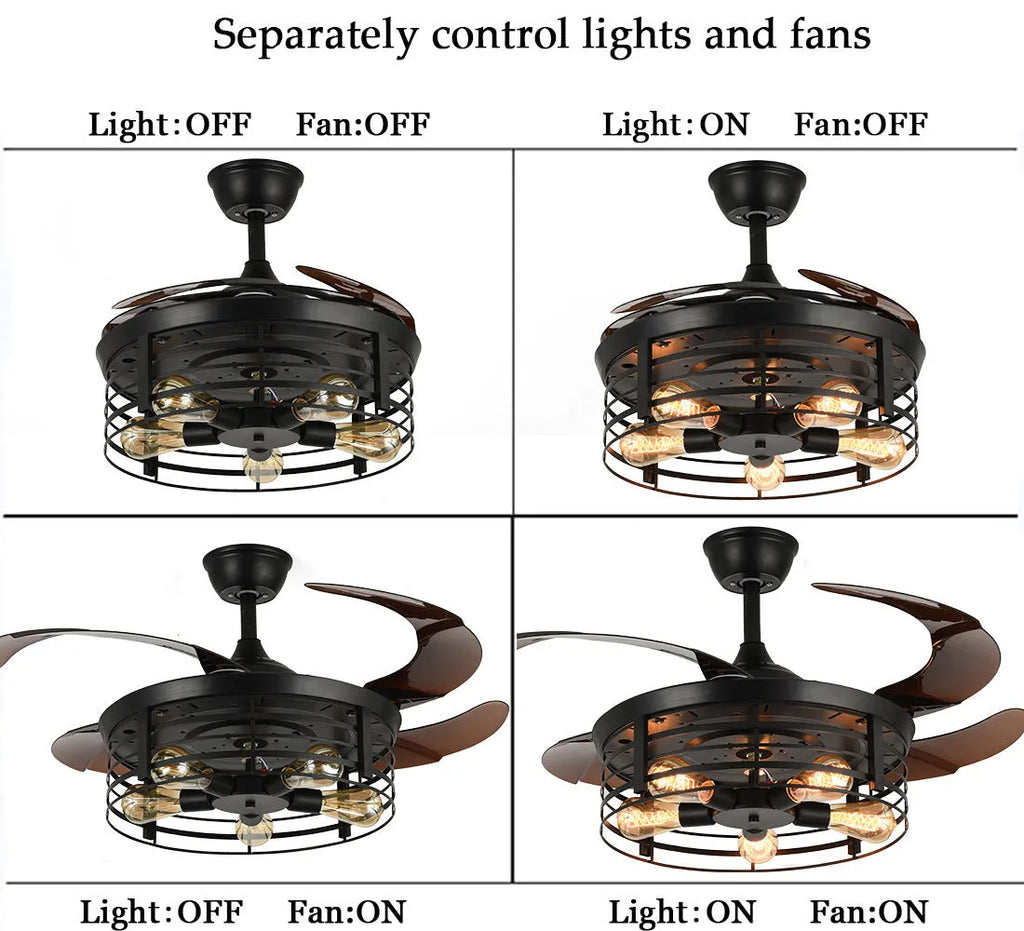 American retro style ceiling fan with clear acrylic blades and an integrated acrylic lampshade, remote control on a table.
