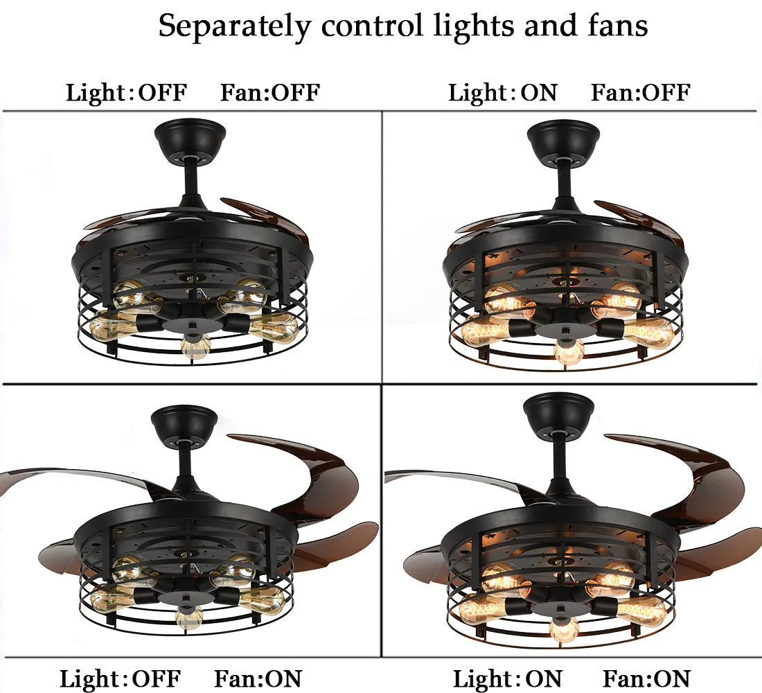American retro style ceiling fan with clear acrylic blades and an integrated acrylic lampshade, remote control on a table.