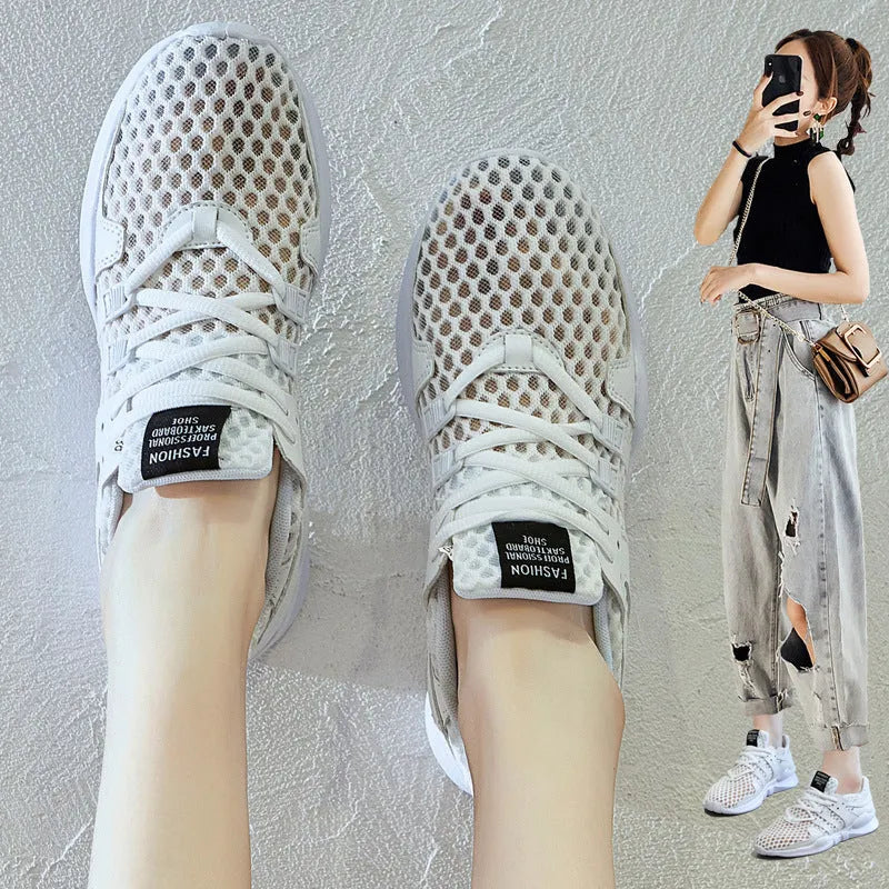 Casual mesh sneakers with hollow out design in black net, white net, hollow white, or pierced black colour options