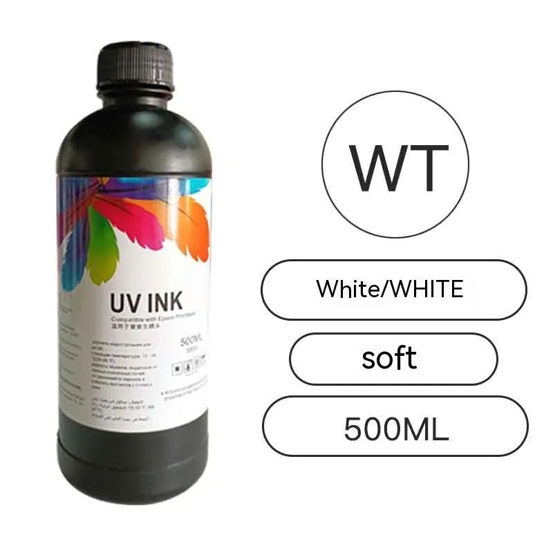 500ml bottle of Epson-compatible UV printer ink in black, cyan, magenta, yellow, light cyan, light magenta, white, and glossy colours.