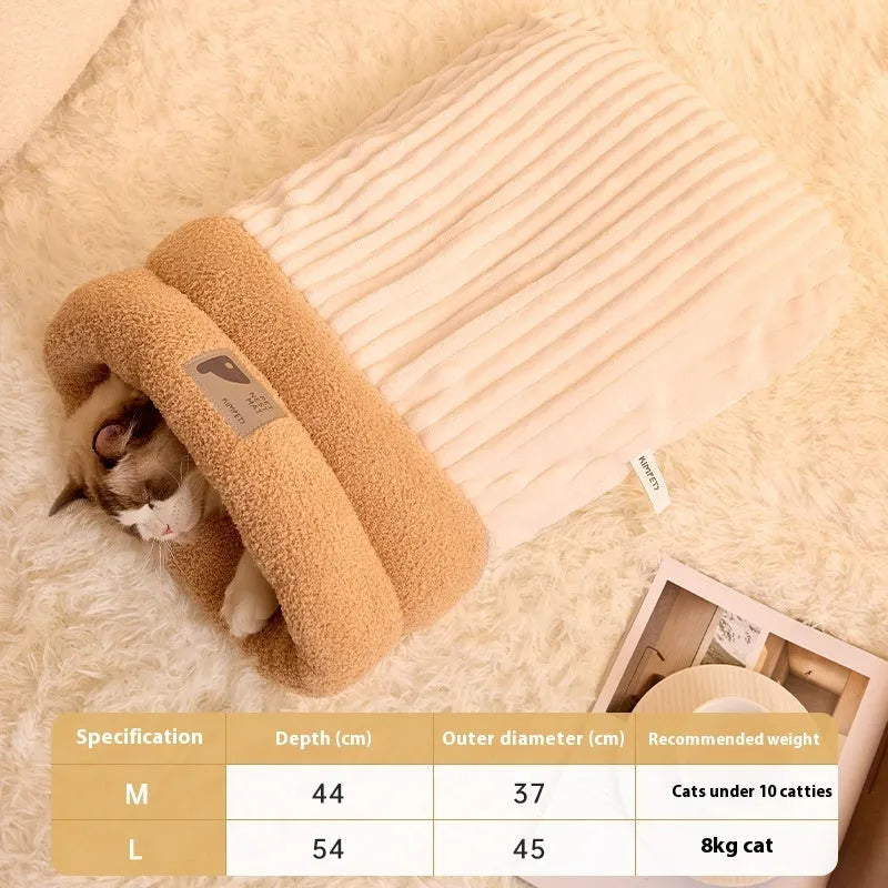 Brown plush pet sleeping bag with semi-enclosed design for cats