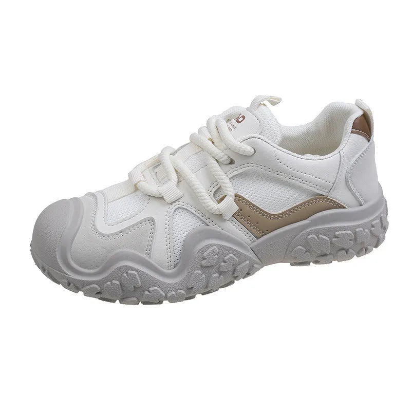 Women's casual mesh board shoes sneakers in beige with low-top silhouette, round toe, and front lacing