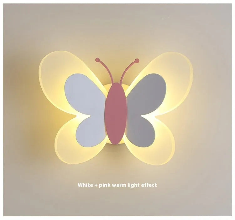 Butterfly-shaped acrylic children bedroom wall lamp in white and pink, 240x170x105mm