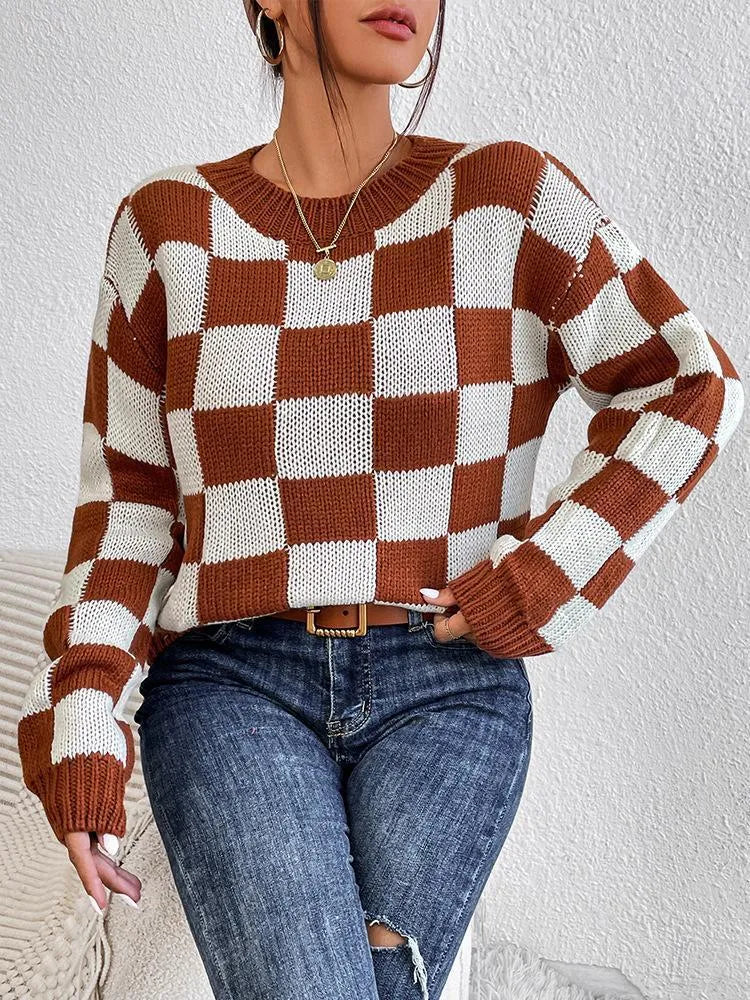 Dark brown acrylic pullover sweater with a chessboard plaid pattern, loose fit, and round neck.