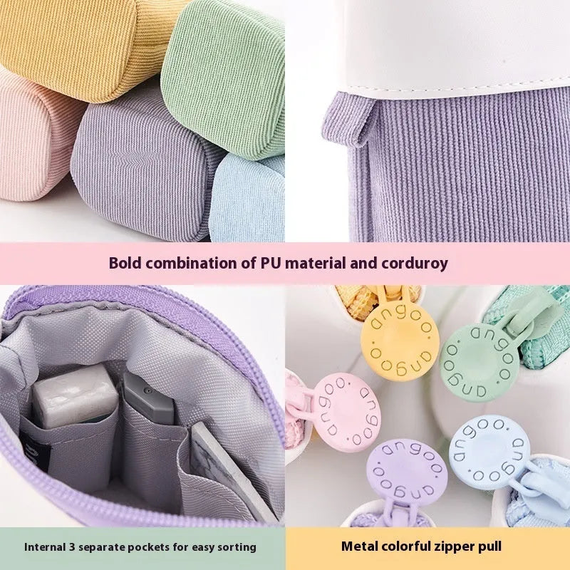 Telescopic drop-down stationery case in cotton and linen with purple PU corduroy exterior