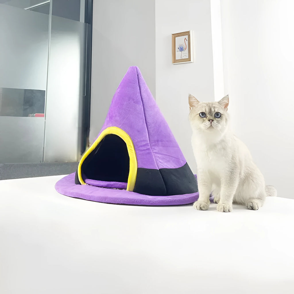 Purple Halloween witch hat shaped cloth cat bed nest for pets.