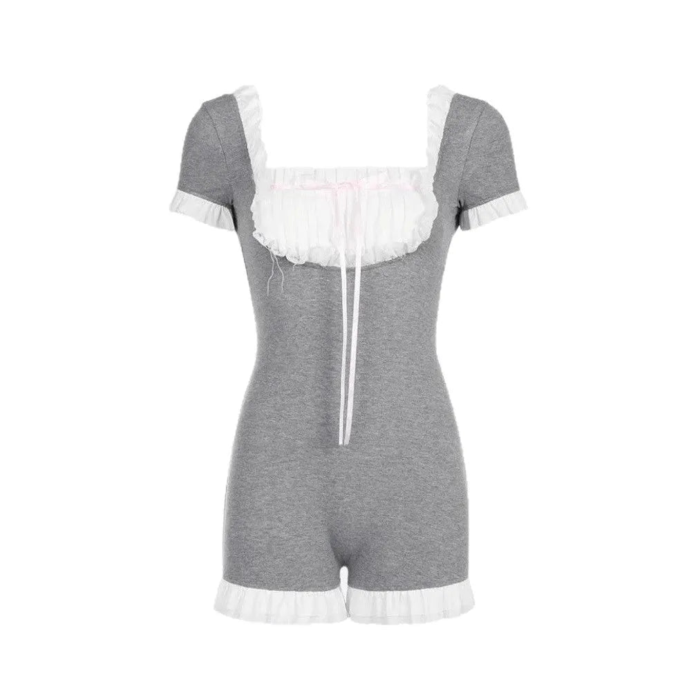 Women's gray polyester lace sleeveless jumpsuit with tight-fit shorts and mid-rise waist