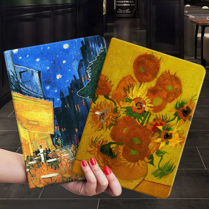Handmade liquid silicone flip protective case for iPad with a floral design on the cover.