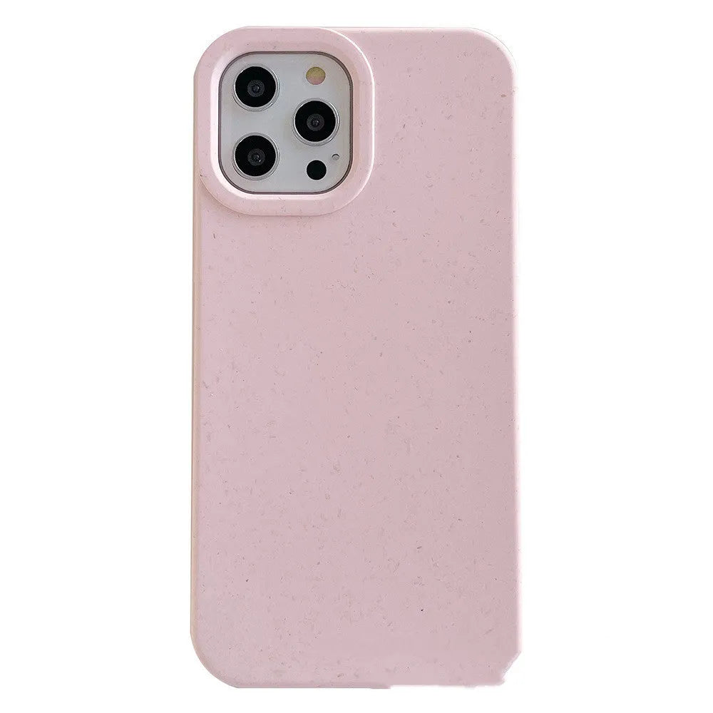 Biodegradable wheat straw mobile phone case for iPhone in seven colour options on a table.