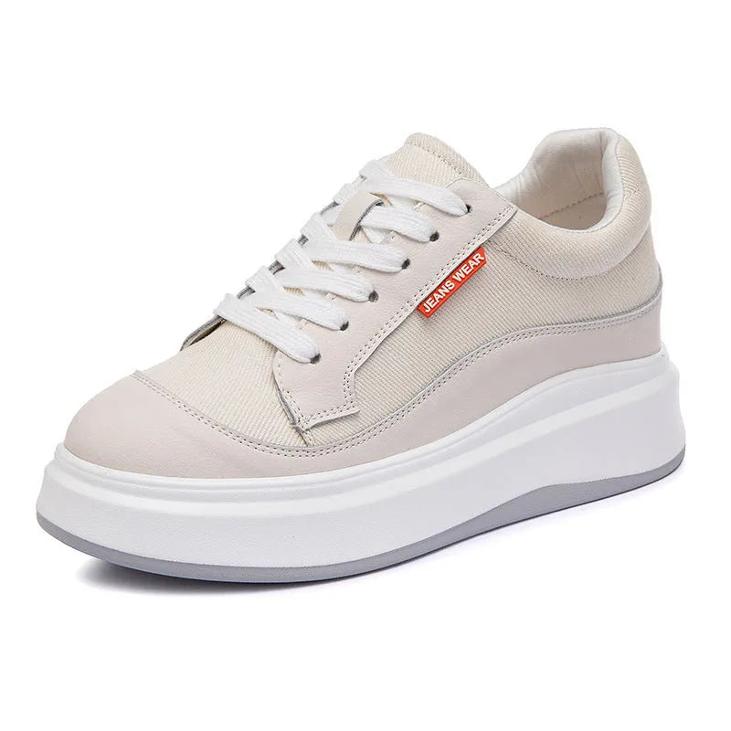 Women's beige and pink cowhide leather board shoes with thick soles for height increase
