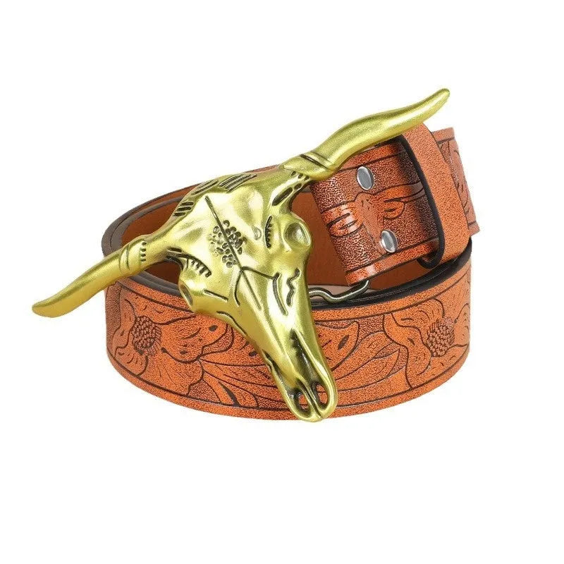 Men's brown imitation leather belt with a detailed silver alloy cow head buckle and pin fastener.