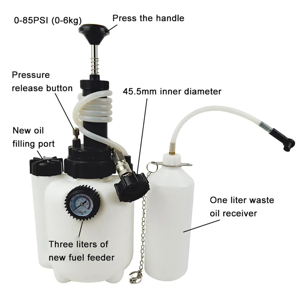 White 3 litre brake oil tank replacement tool with copper, iron, and plastic construction for automotive brake fluid changes.