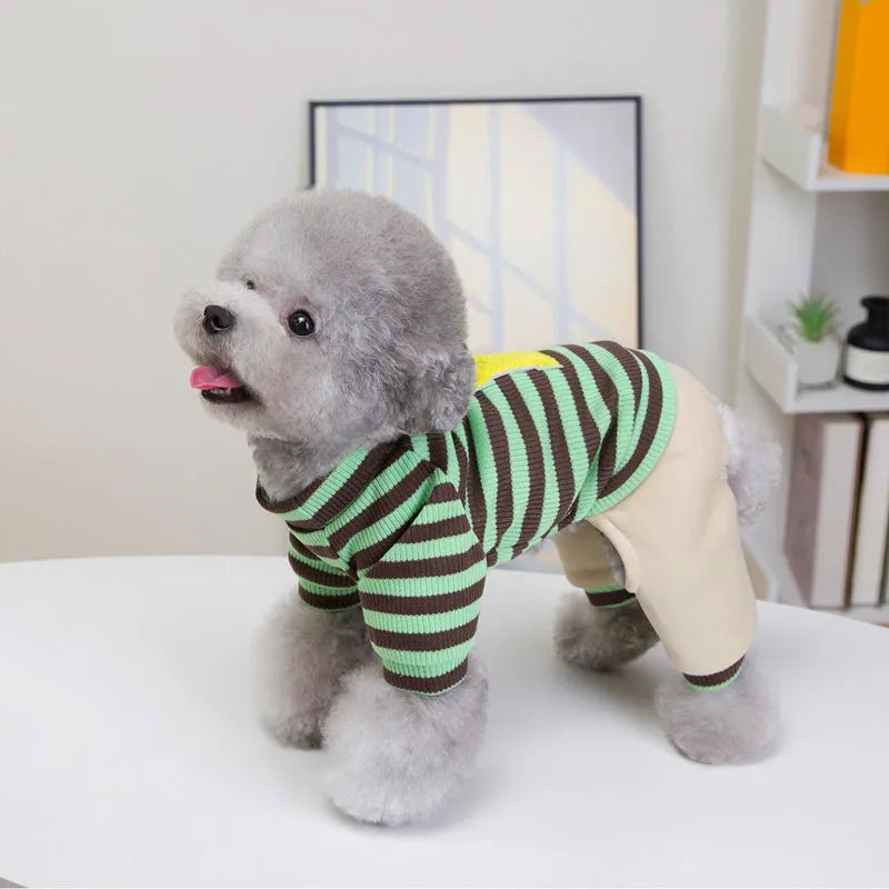 Small medium dog wearing striped four-legged hoodie jumpsuit in black beige colour for autumn winter