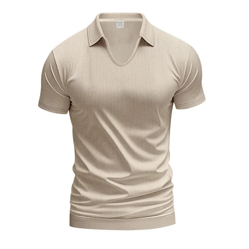 Men's loose fit V-neck short sleeve T-shirt in a light blue solid colour.