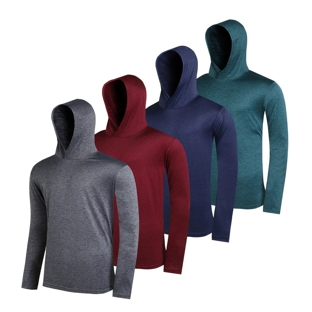 Four men's lightweight pullover hoodies in assorted colours, made from elastic polyester fibre.