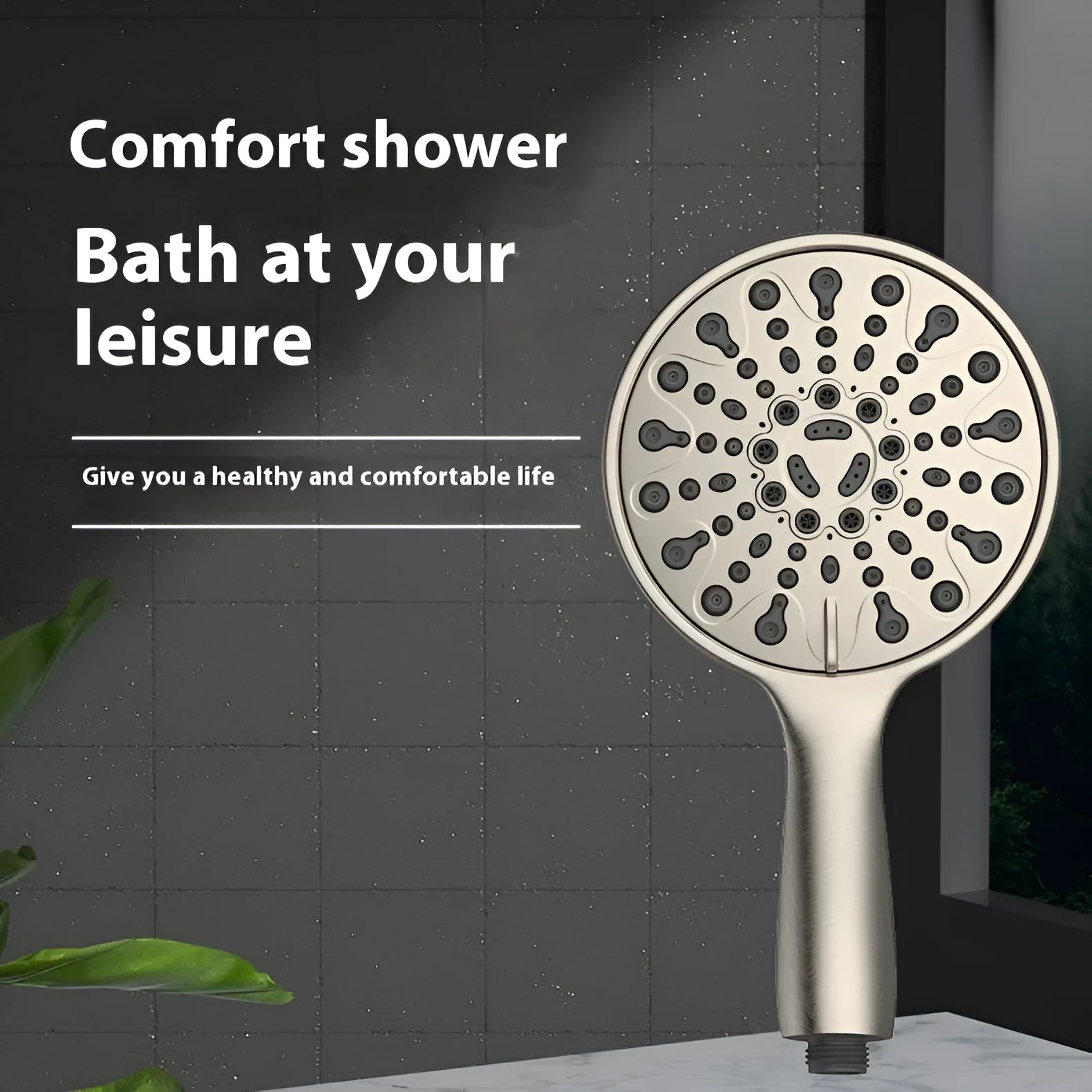 Six-function handheld shower head with electroplated finish and 6-inch diameter face.