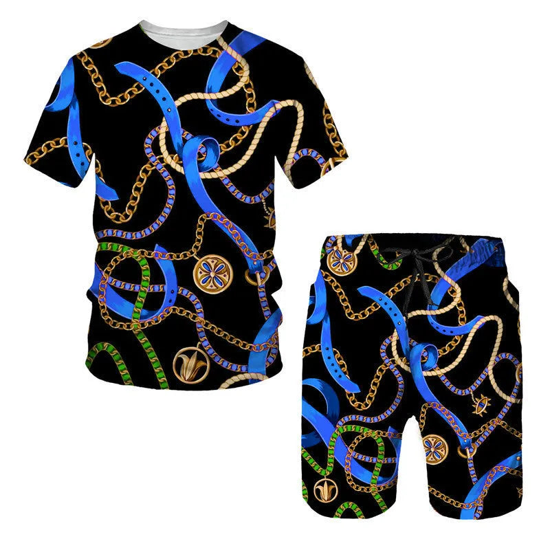 Chain pattern digital print short sleeve t-shirt and matching shorts set for summer.