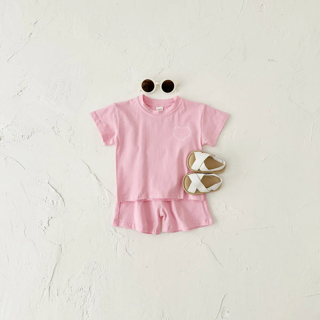 Korean style heart print cotton baby suit two-piece set in pink colour