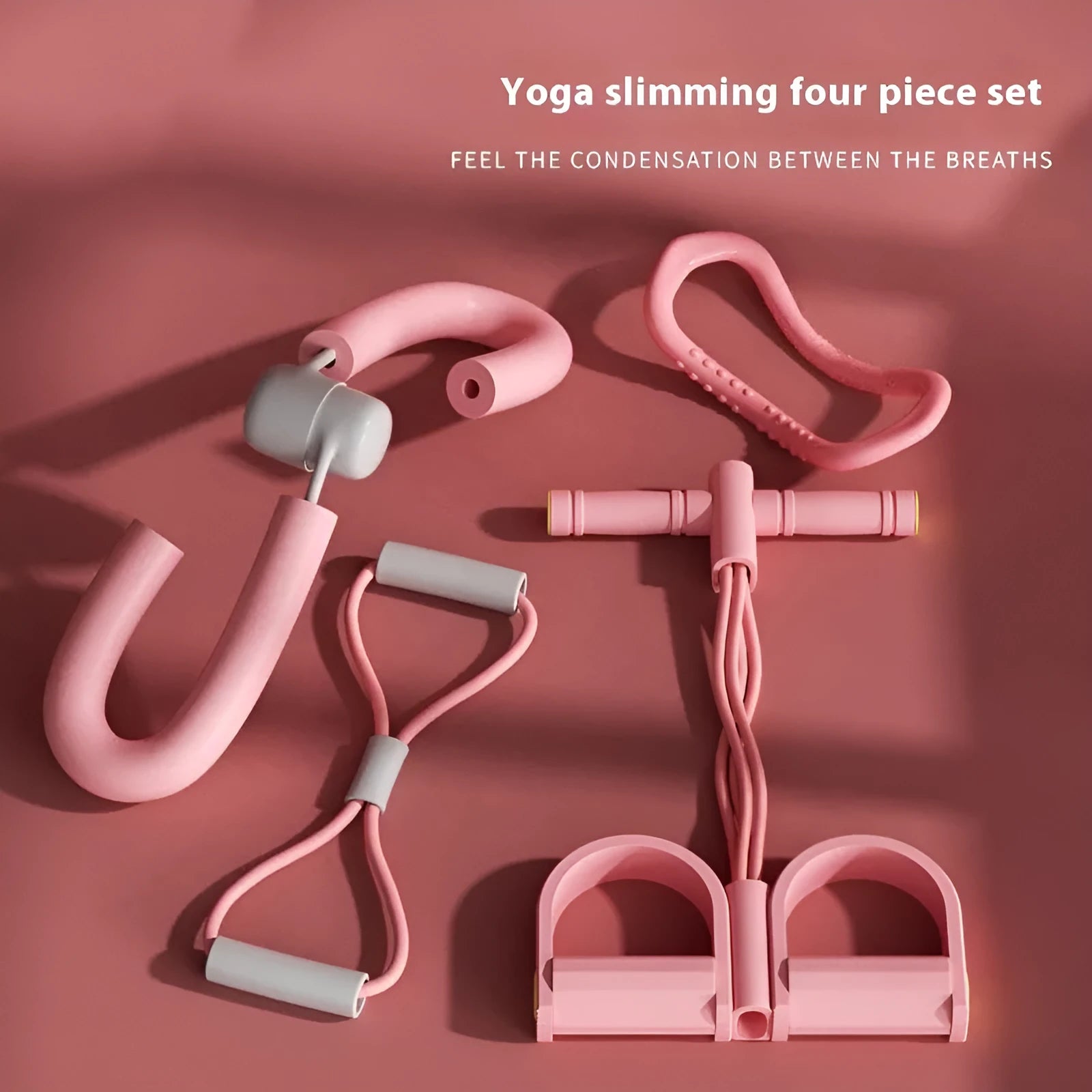 Yoga four-piece set with leg stretching device, yoga ring, pedal puller, and figure-eight tension rope on a grey background.