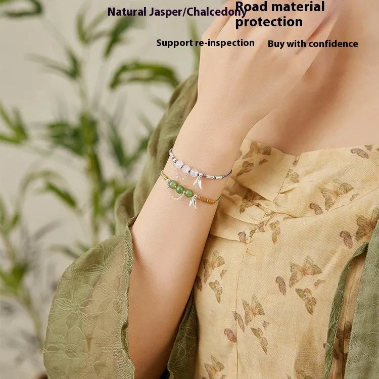 Hetian jade chalcedony diamond-shaped bracelet with lotus seedpod design on woven strap