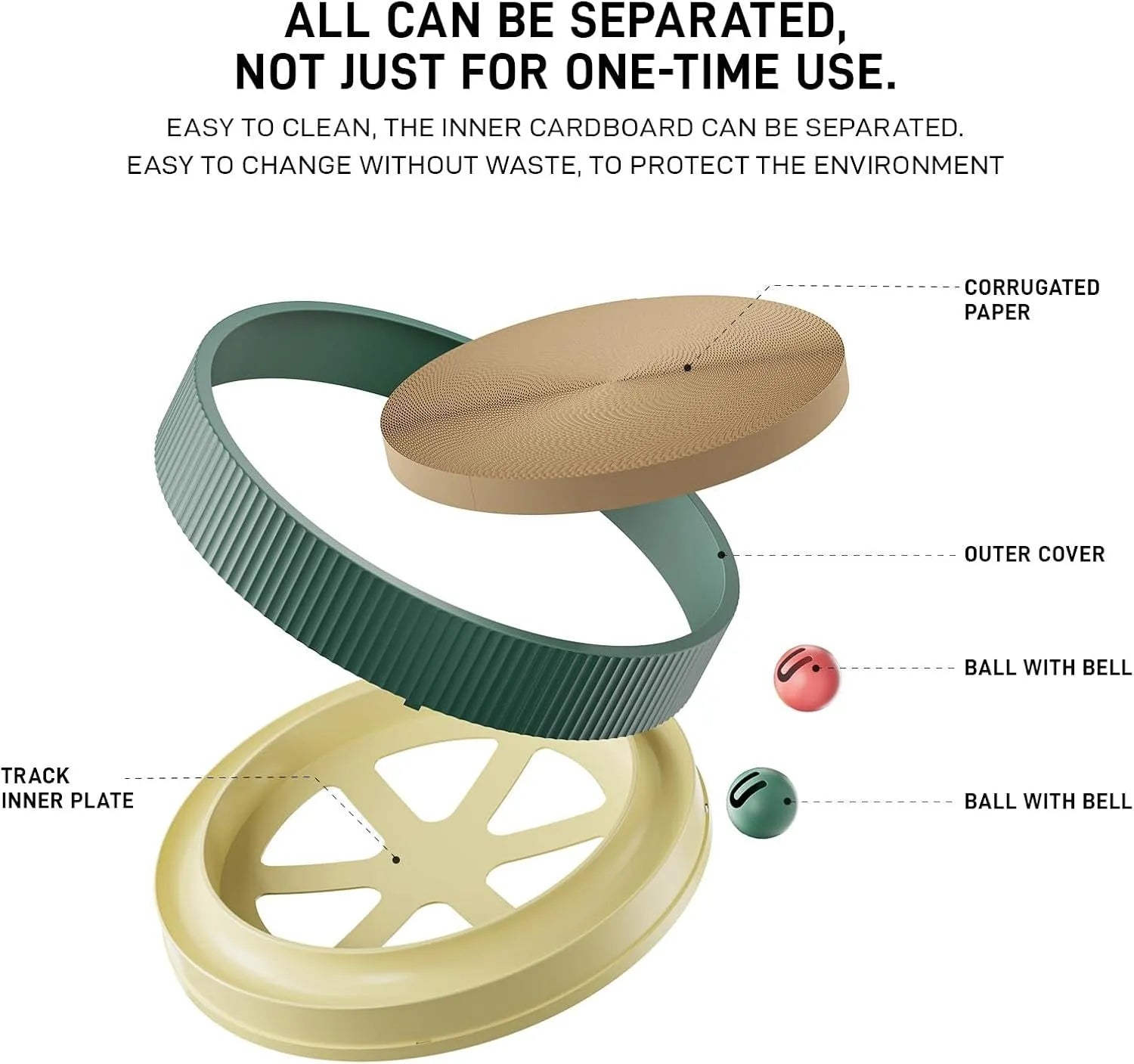 Large green circular cat scratching board with bell balls and replaceable cardboard core