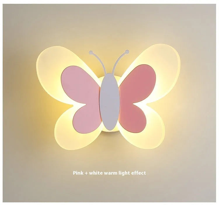Butterfly-shaped acrylic children bedroom wall lamp in white and pink, 240x170x105mm