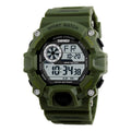 Electronic sports watch with round dial, plastic strap, and 30M waterproof rating in multiple colour options