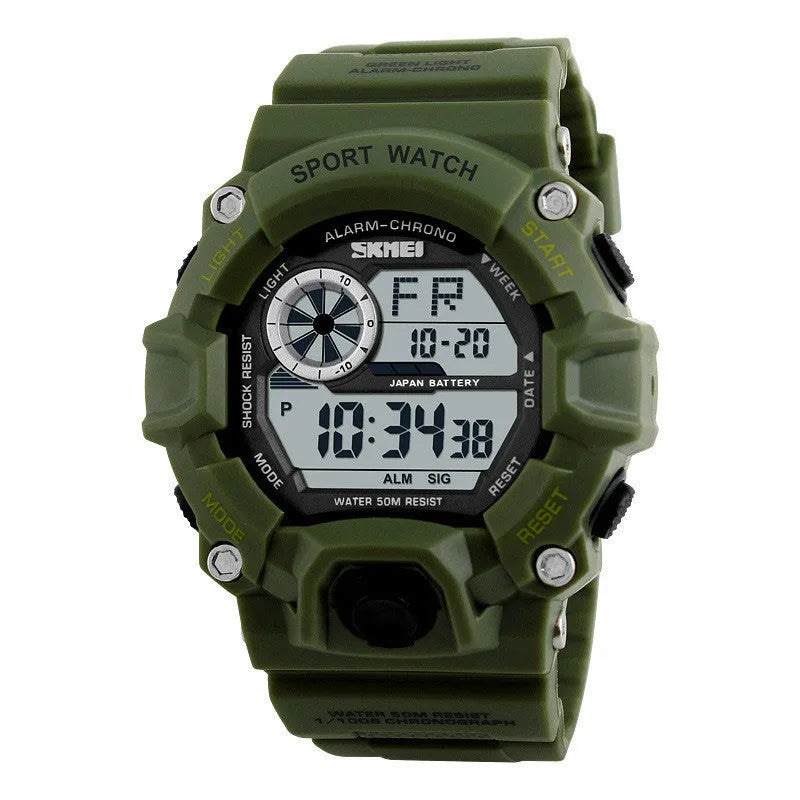 Electronic sports watch with round dial, plastic strap, and 30M waterproof rating in multiple colour options