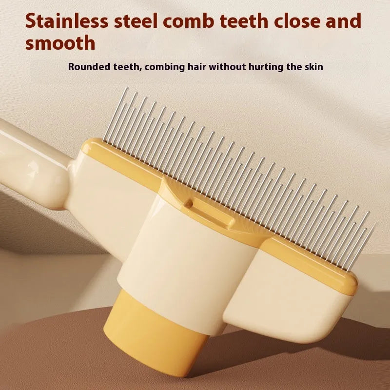 Yellow and green pet grooming comb with stainless steel teeth and release button for cats dogs