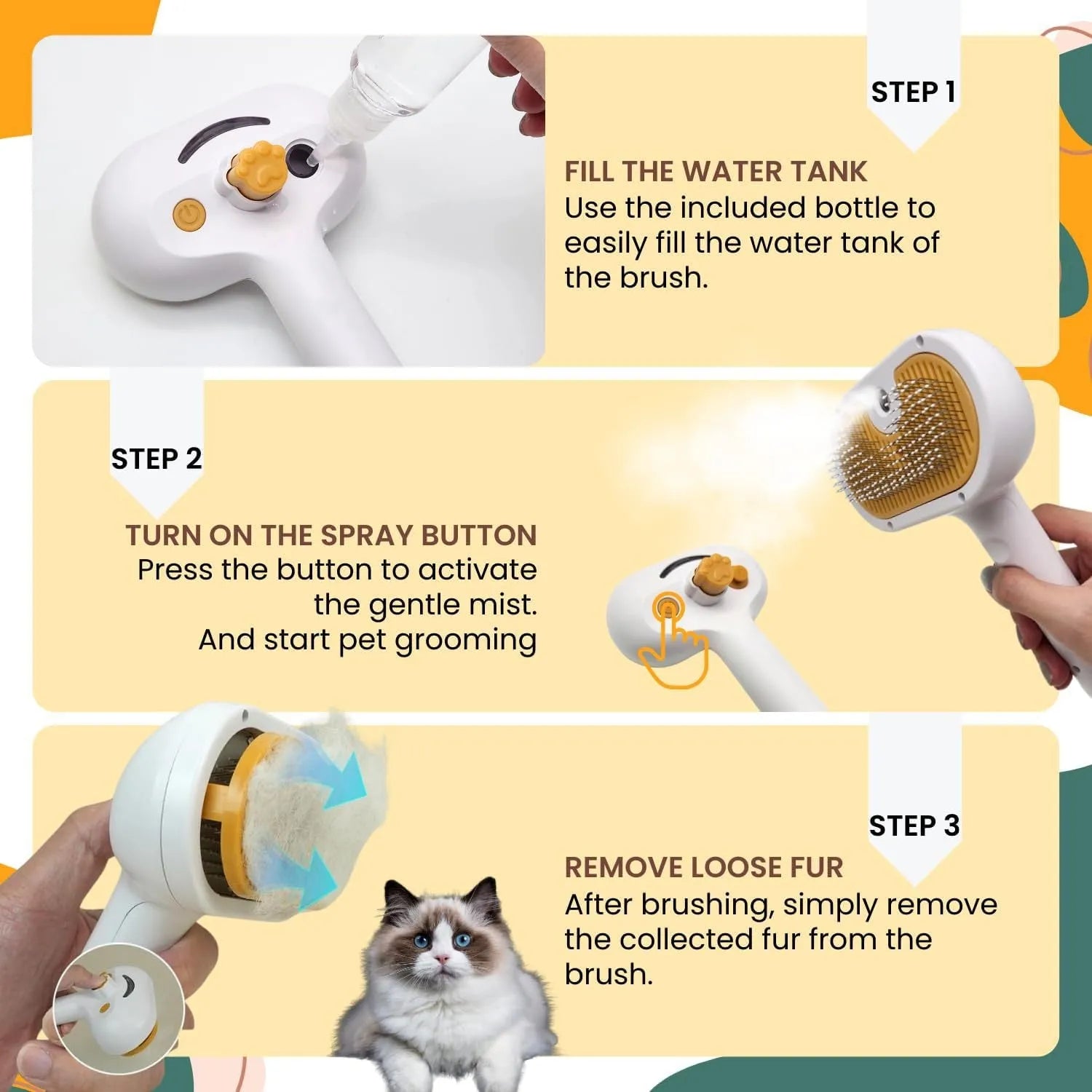 White pet steam grooming brush with gentle steel teeth and built-in water tank for dogs and cats