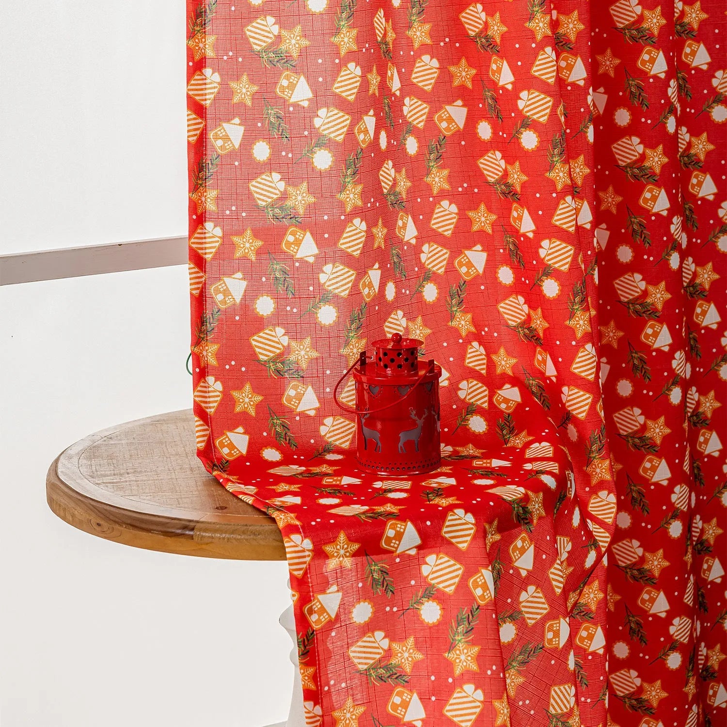 Christmas curtain with cartoon snowman and angel print in red or green, 1 metre length