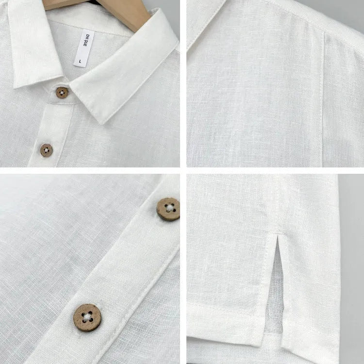 Man wearing a light grey green loose-fit linen top with thin lapels and short sleeves.