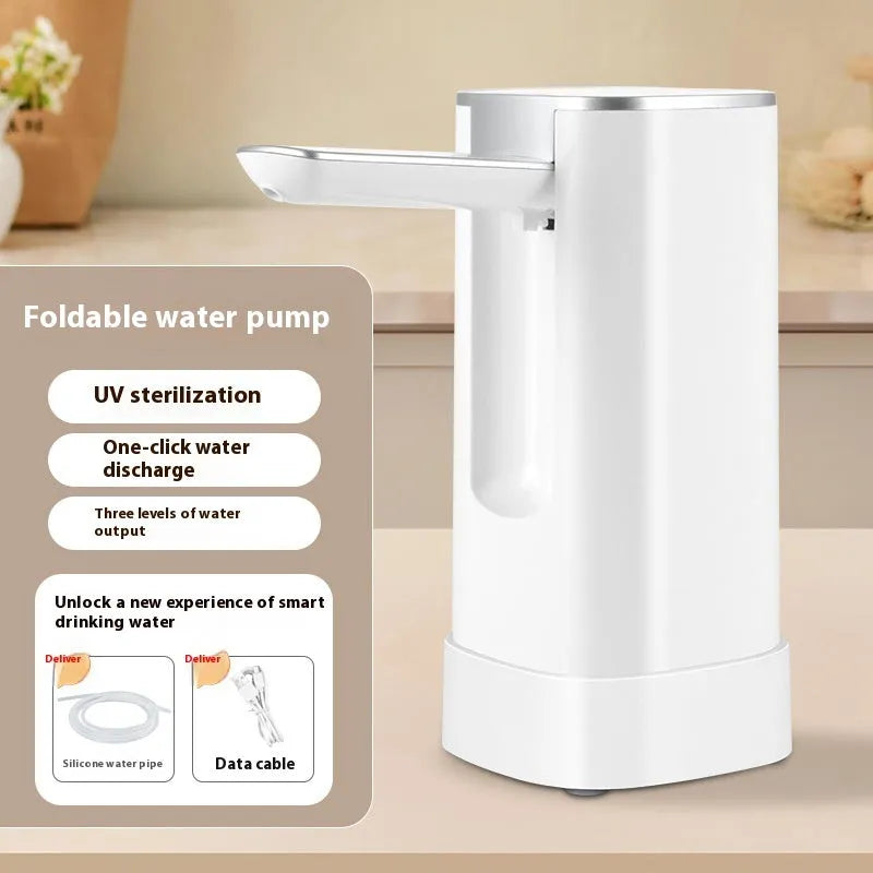 White folding bucket table water dispenser pump with LCD touch screen and silicone tube.