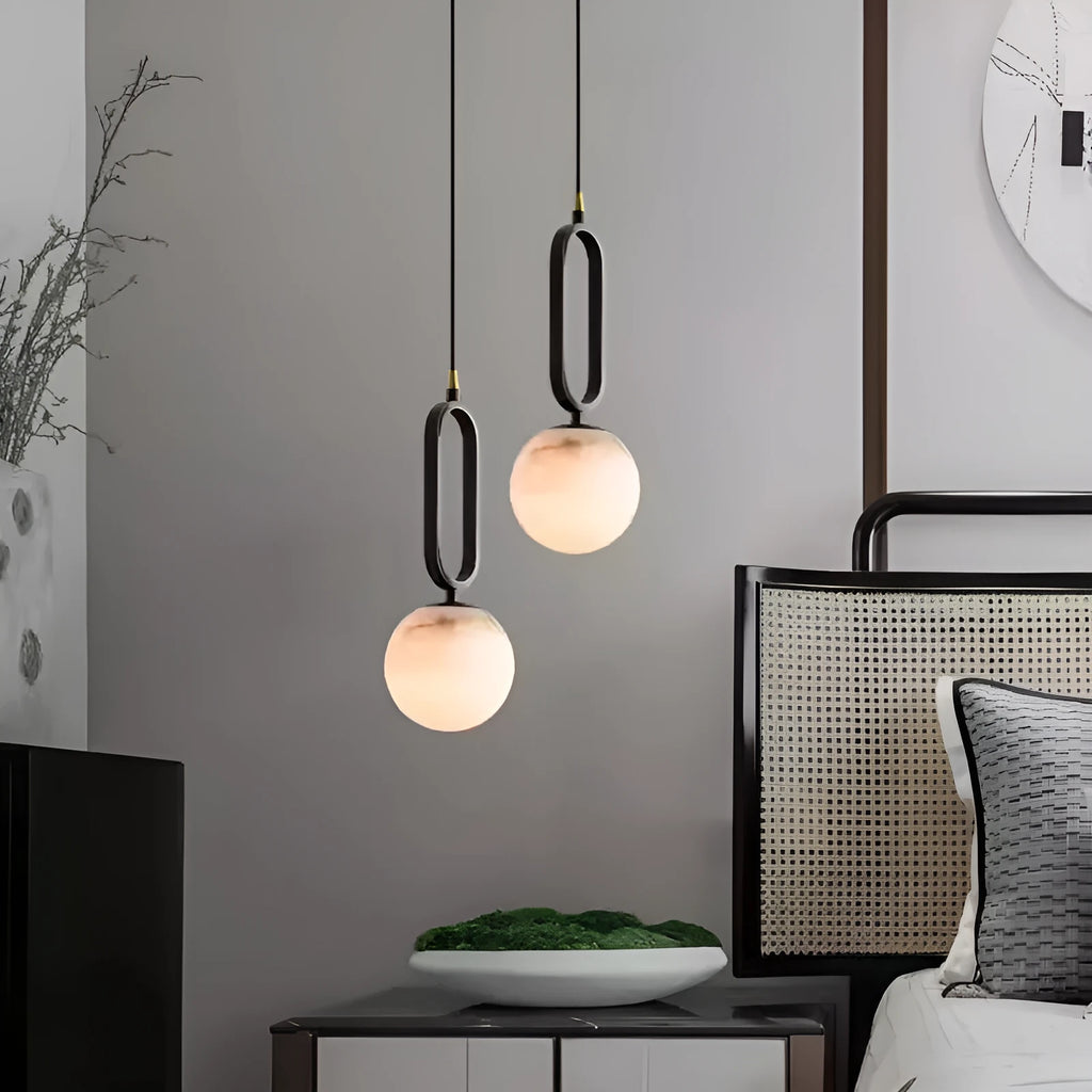 Nordic creative wall light bulb with marble shade and copper frame in black finish, 15cm diameter
