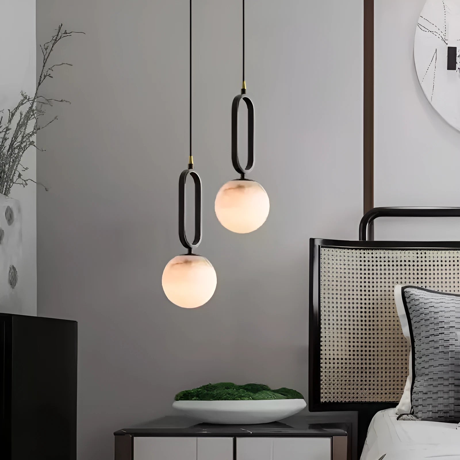 Nordic creative wall light bulb with marble shade and copper frame in black finish, 15cm diameter