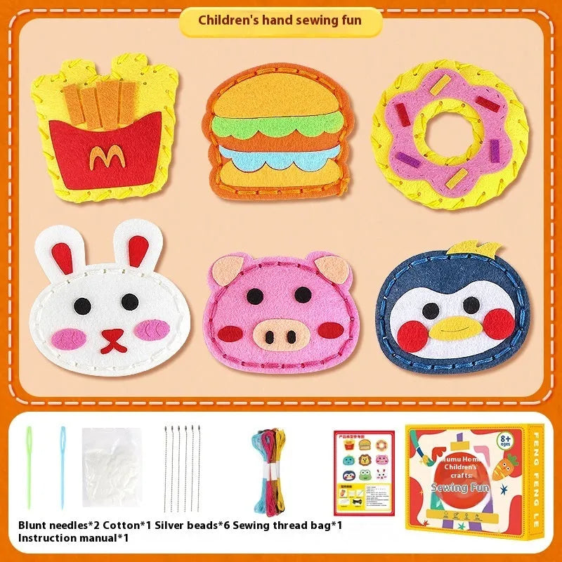 Children's non-woven cloth sewing kit with animal six models, needle, thread, and silver beads in a colour box