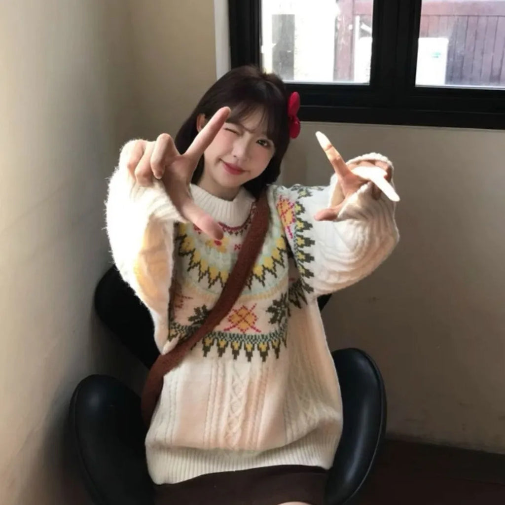 Women's milky white lantern sleeve loose Mori knitwear pullover sweater on hanger