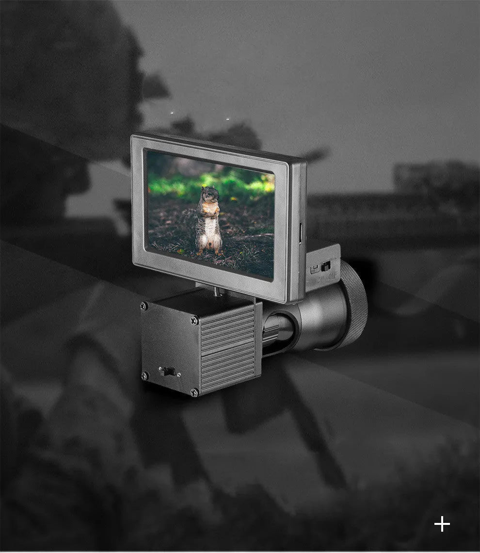 Digital night vision monocular with LED display showing enhanced night scene