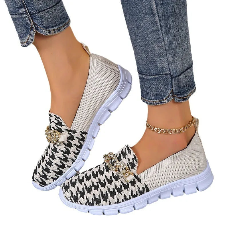 Casual houndstooth print chain mesh shoes for women, breathable round toe loafers with platform heel, rubber sole - orange red and white colours