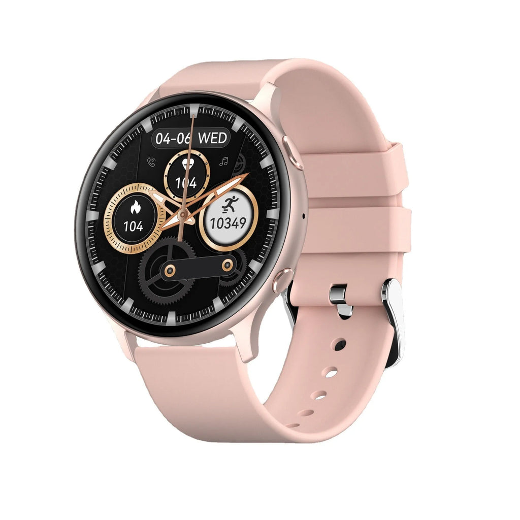 Black smartwatch with silicone strap showing heart rate and call functions on a 1.32-inch screen