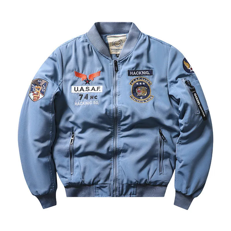 Men's slim-fit stand collar retro embroidered cotton-padded coat in blue.