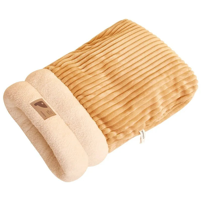 Brown plush pet sleeping bag with semi-enclosed design for cats