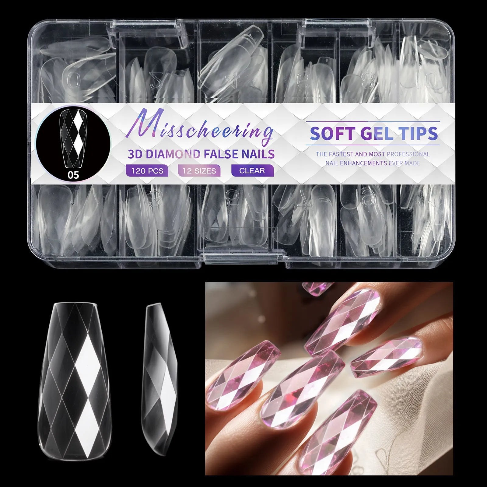 3D diamond pattern long nail tips in glitter colours for nail art enhancement