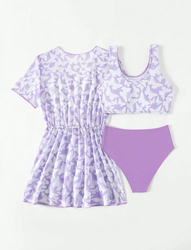 Girls' three-piece polyester swimsuit set in printed design for ages 8-12