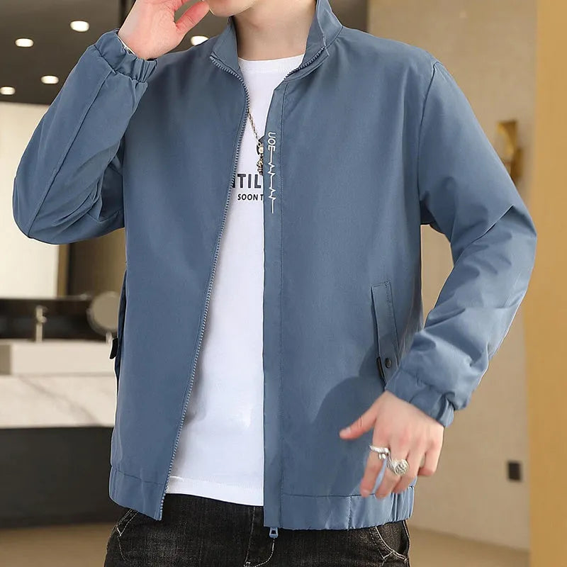 Casual slim fit polyester baseball jacket for men in black, front view