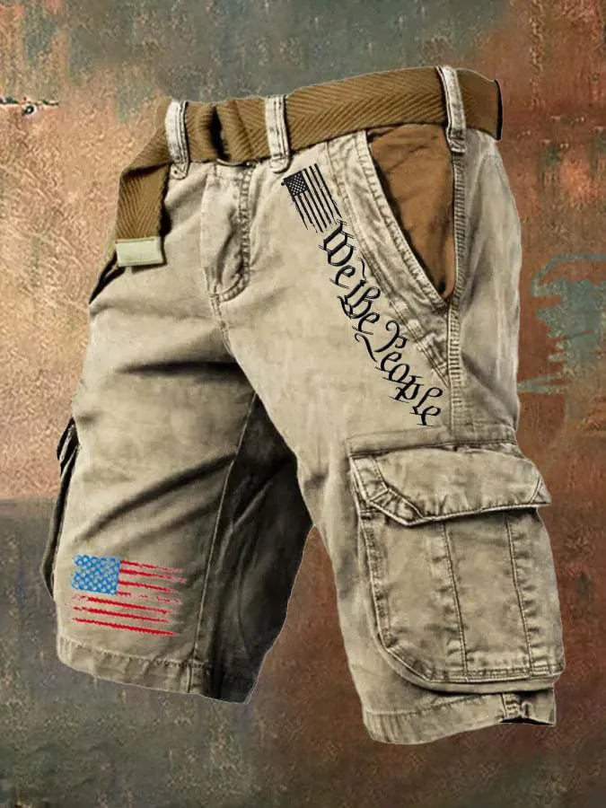 Men's khaki and blue thin multi-pocket fifth pants with loose fit and mid-waist design