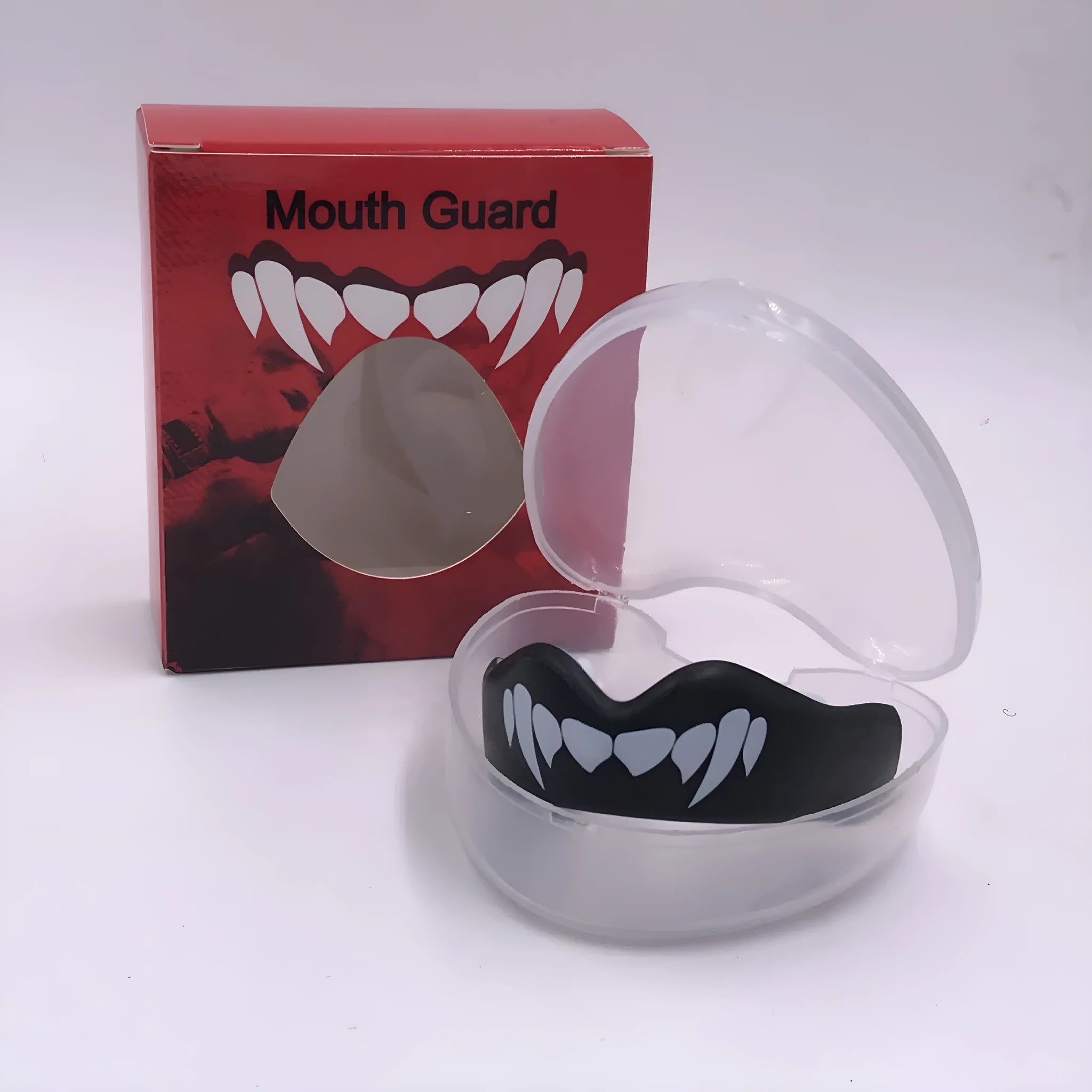Adult boxing mouthguard with printed tooth design in black and white colour for martial arts training